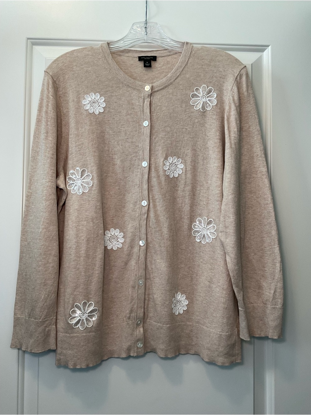 Ann Taylor Factory Beige Cardigan with White Floral Appliqués